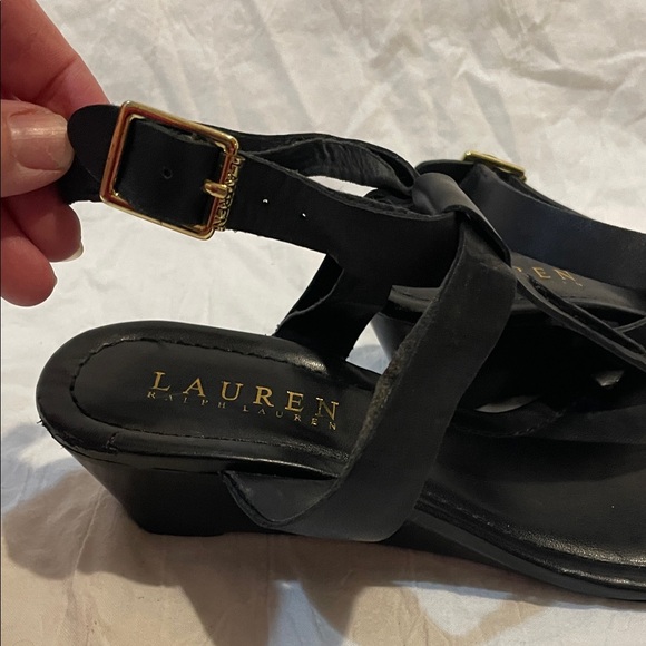 Ralph Lauren Linda Leather Heeled wedge Sandals Black Size 6B. Strappy spring - Picture 2 of 10